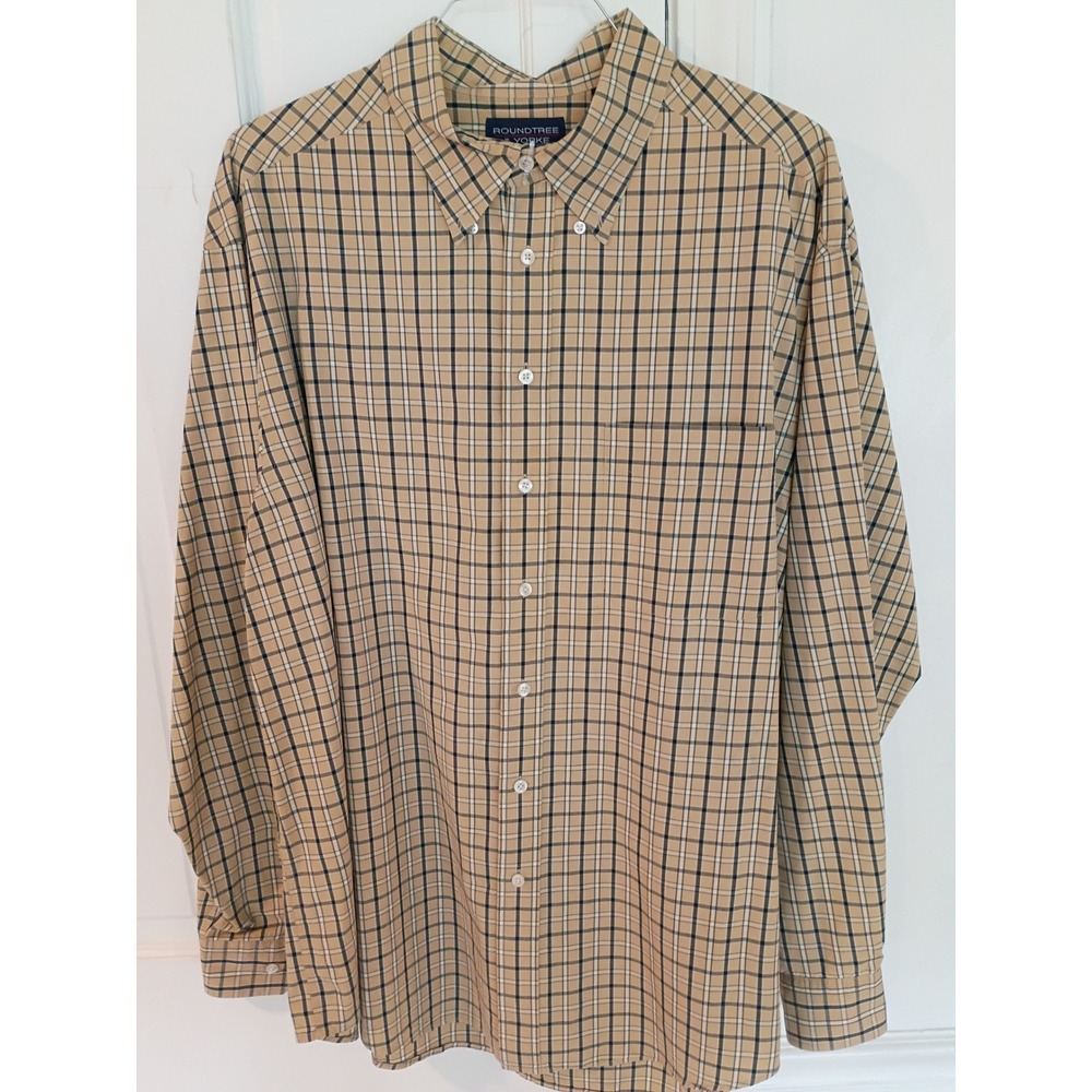 Roundtree & Yorke Mens 2XLT Tall Tan Plaid Cotton Button Down Shirt Long Sleeve